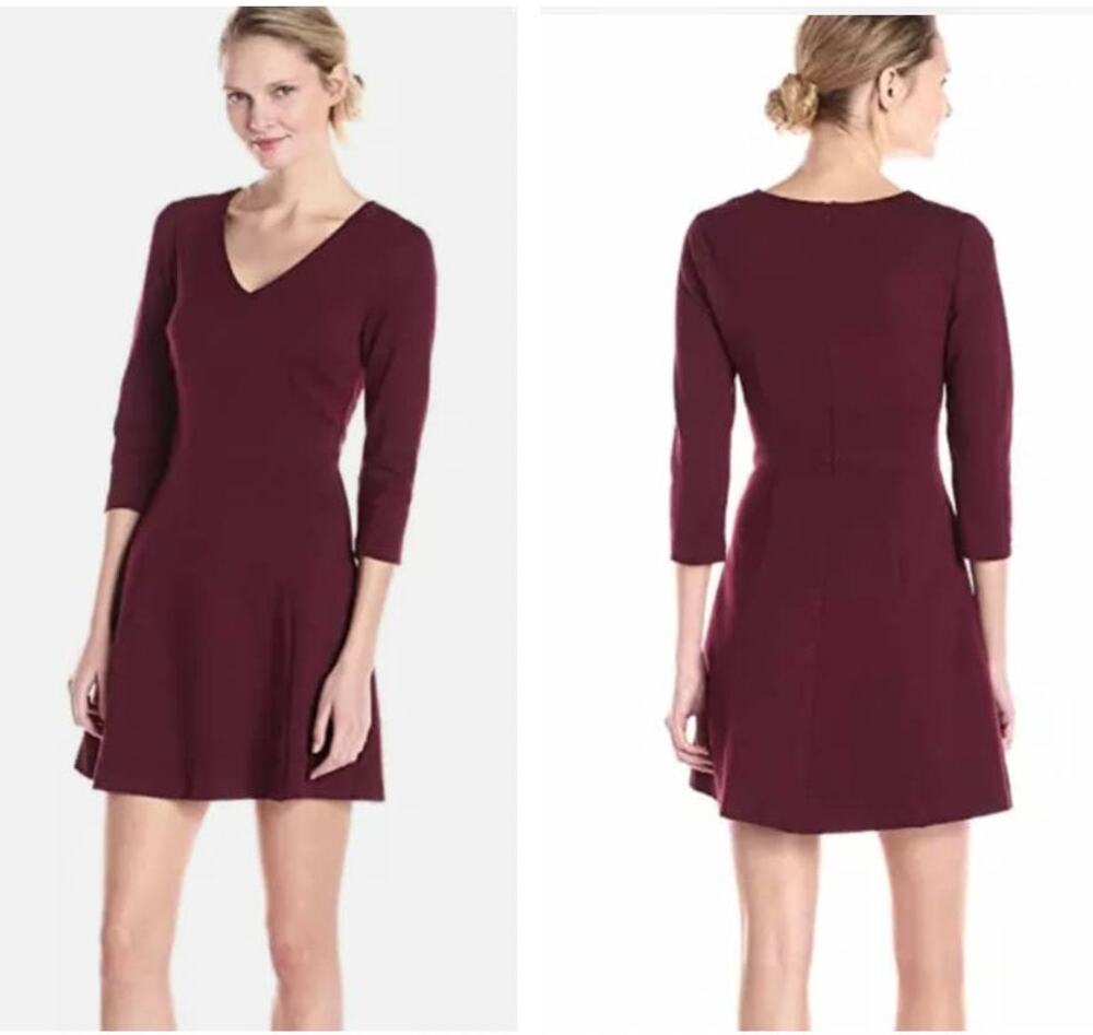 Trina Turk Wine Red Burgundy Song V Neck Ponte Knit Dress Fit & Flare XS 0 2